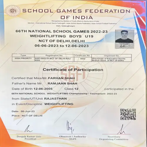 A participation certificate awarded to Farhan Shah for representing Rajasthan in the 66th National School Weightlifting Championship (U19 Boys) held in NCT of Delhi from 06–12 June 2023.